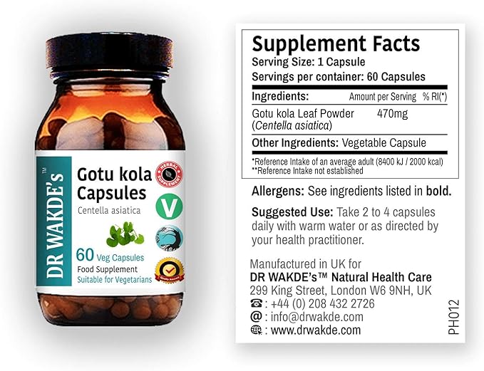 DR WAKDE'S Gotu kola Capsules (Mandukparni, Centella asciatia, 60 Veg Caps, Plant-Based Supplement, Ayurvedic Herb, All Natural, Vegan)