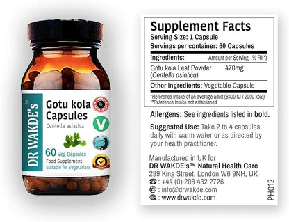 DR WAKDE'S Gotu kola Capsules (Mandukparni, Centella asciatia, 60 Veg Caps, Plant-Based Supplement, Ayurvedic Herb, All Natural, Vegan)