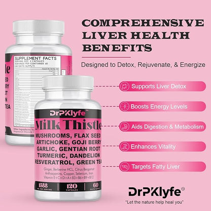 Milk Thistle Capsules for Liver Detox & Cleanse Support – with Dandelion Root, Resveratrol, Artichoke, Moringa, Silymarin – 120 Capsules (60-Day Supply)
