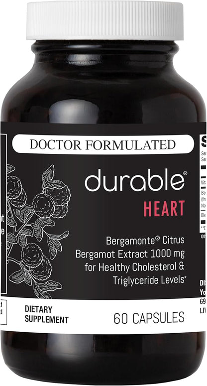 Durable Heart - Extra-Strength 1,000 mg Bergamonte Citrus Bergamot +Olive Leaf Extract +Non-GMO Vitamin C – Natural Heart Health Supplement – Made in The USA (1 Bottle)