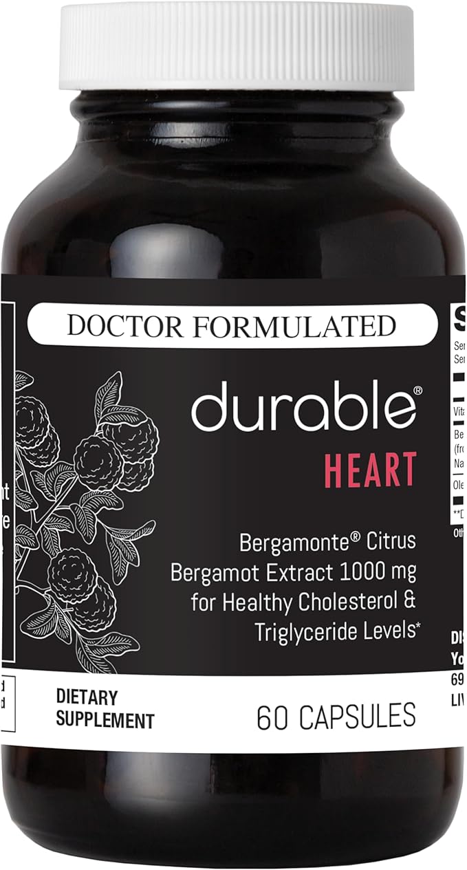 Durable Heart - Extra-Strength 1,000 mg Bergamonte Citrus Bergamot +Olive Leaf Extract +Non-GMO Vitamin C – Natural Heart Health Supplement – Made in The USA (1 Bottle)