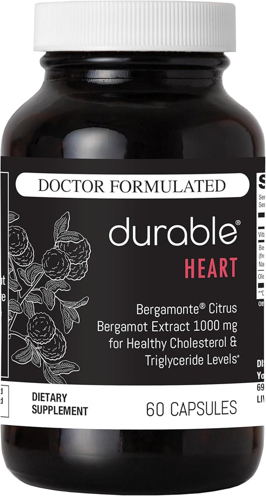 Durable Heart - Extra-Strength 1,000 mg Bergamonte Citrus Bergamot +Olive Leaf Extract +Non-GMO Vitamin C – Natural Heart Health Supplement – Made in The USA (1 Bottle)