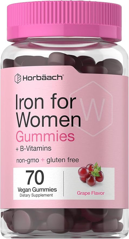 Horbäach Iron Gummies for Women | Supplement with B Vitamins | 70 Count | Grape Flavor | Vegan, Non-GMO & Gluten Free