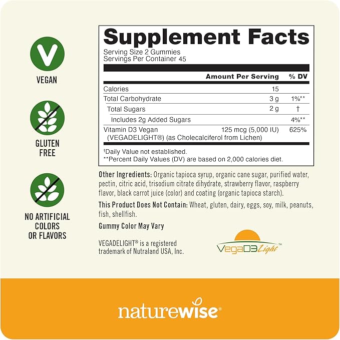 NatureWise Vitamin D3 5000 IU Gummies - Mixed Berry Flavor - Vegan D from Lichen, Pectin Based, Immune Support for Adults, Muscle & Bone Strength - Gluten Free, Non-GMO - 90 Count[45-Day Supply]