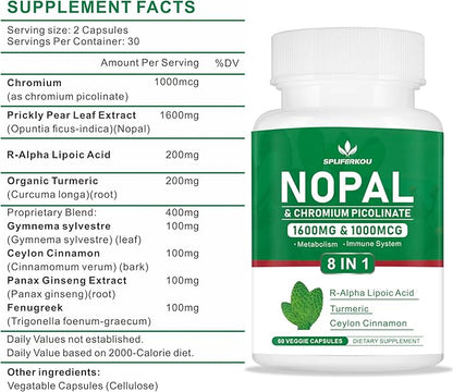 Super Nopal 1600mg, Prickly Pear Supplement with R-Alpha Lipoic Acid, Turmeric,120 Capsules (60 Servings)