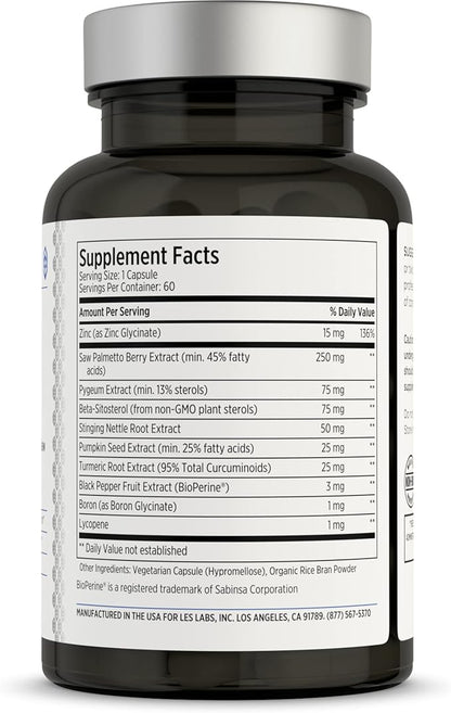 LES Labs Prostate Health – Prostate Support, Urinary Tract Health, Fewer Bathroom Visits & Improved Sleep – Saw Palmetto, Pygeum, Beta Sitosterol & Nettle Root – Non-GMO Supplement – 60 Capsules