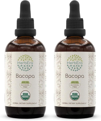 Bacopa B120 (2pcs) Alcohol-Free Herbal Extract Tincture, USDA Organic Concentrated Liquid Drops Natural Bacopa (Bacopa Monnieri) Dried Herb (2x4 fl oz)