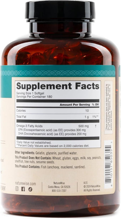 NatureWise Omega 3 Fish Oil - 500 mg per Pill - EPA & DHA - Support for Immune Health & Cognitive Function - Wild-Caught, Gluten and Soy Free, Non-GMO - 180 Softgels[6-Month Supply]