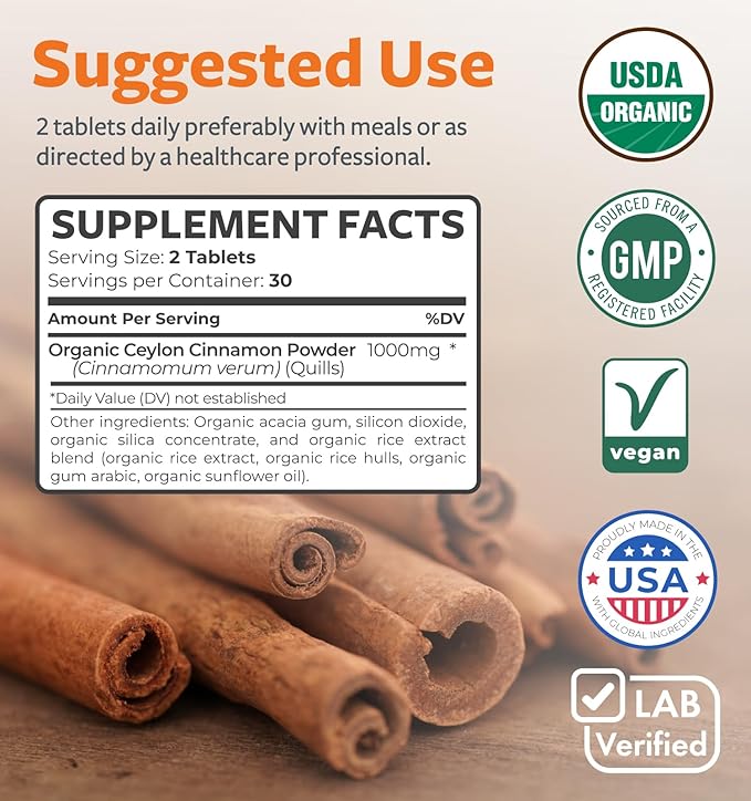 USDA Organic Ceylon Cinnamon (60 Tablets) 1000mg Cinnamon Quill Powder per Serving - Natural Cinnamon Supplements for Effective Metabolism, Cognative, Joint, Immune Support - (No Capsules or Pills)