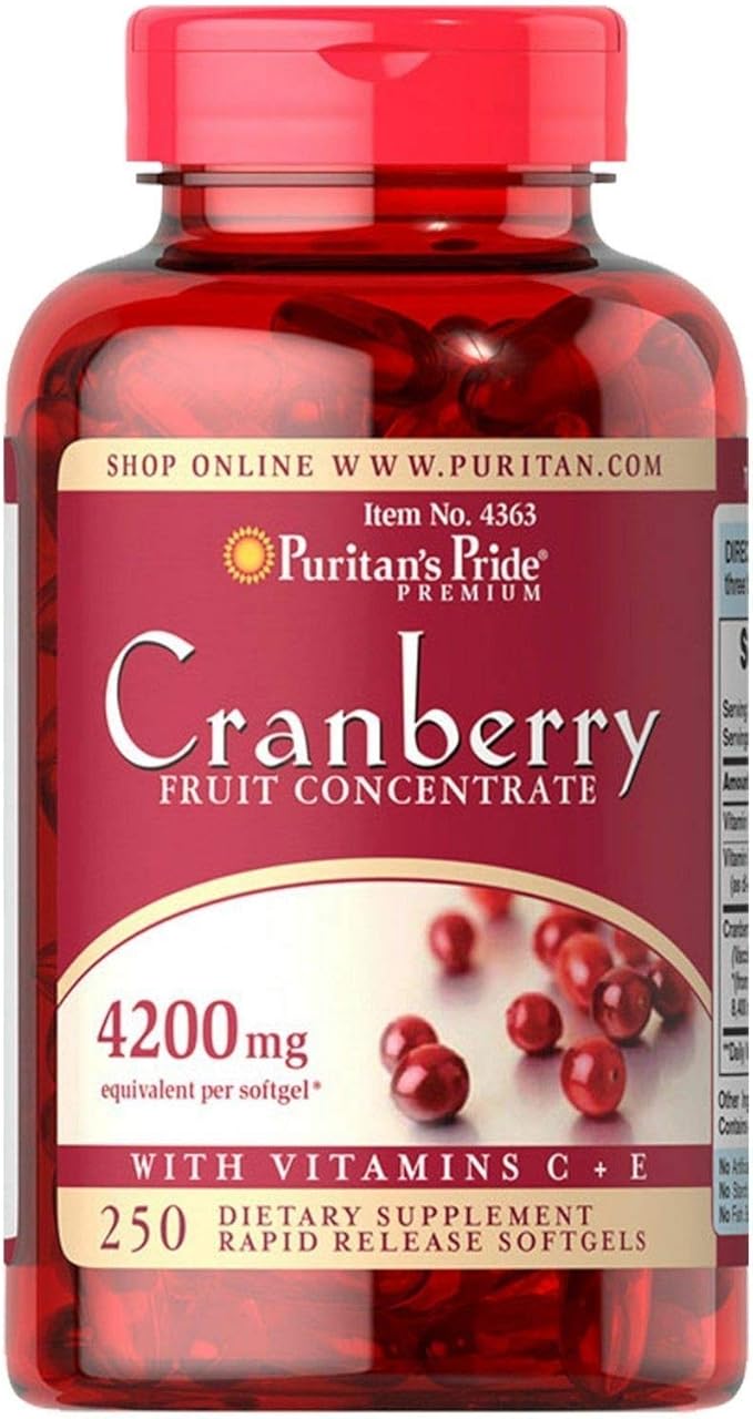 Puritan's Pride Premium Cranberry Fruit Concentrate 84 mg (4200 mg equivalent) with Vitamins C and E, Dietary Supplement for Immune System Support, 4 Month Supply, 250 Rapid Release Softgels