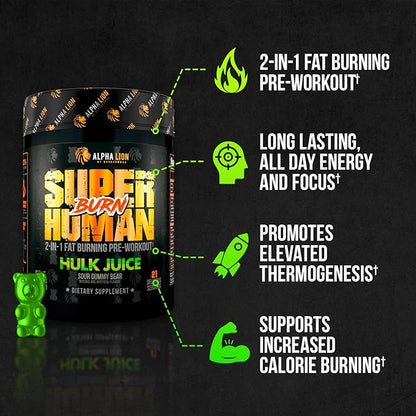 ALPHA LION Superhuman Burn 2-in-1 Metabolism Booster Pre Workout, Weight Loss Supplement, Appetite Suppressant, Fat Loss Support, Energy & Focus Powder (21 Servings, Hulk Juice)