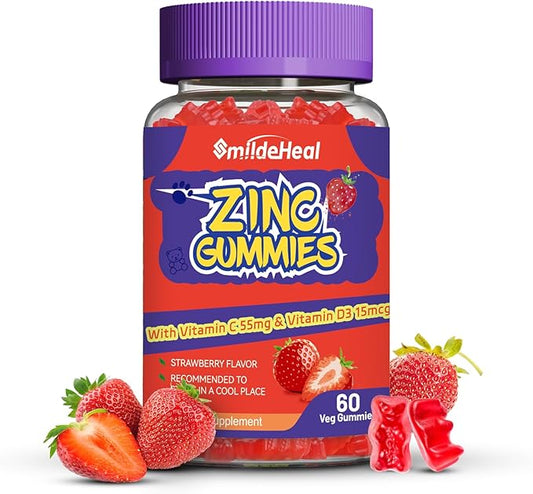 Zinc Gummies, Zinc 50mg, Zinc Citrate, with Vitamin C, Vitamin D3, Non-GMOs, Gluten Free, Strawberry Flavor Gummies, 60 Count