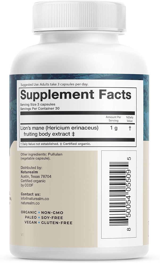 Naturealm Lions Mane Mushroom Supplement - Organic Brain Support for Focus Memory Mental Clarity - Non GMO Cognitive Function - 90 Vegetarian Capsules