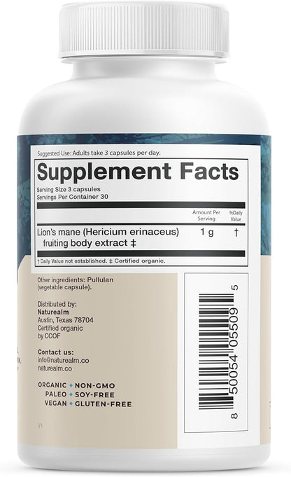 Naturealm Lions Mane Mushroom Supplement - Organic Brain Support for Focus Memory Mental Clarity - Non GMO Cognitive Function - 90 Vegetarian Capsules