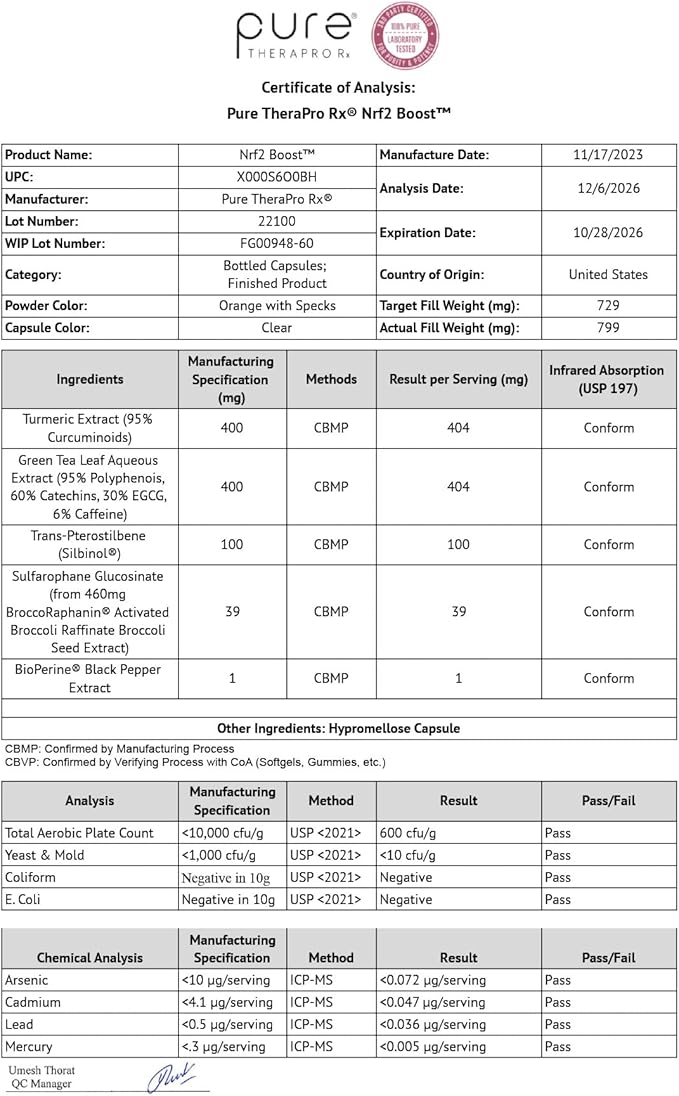 Pure TheraPro Rx Nrf2 Boost - NRF-2 Activator with Patented Sulforaphane, Curcumin, Green Tea & Trans-Pterostilbene | Antioxidant Supplement to Reduce Oxidative Stress, Made in USA (60 Vegan Capsules)
