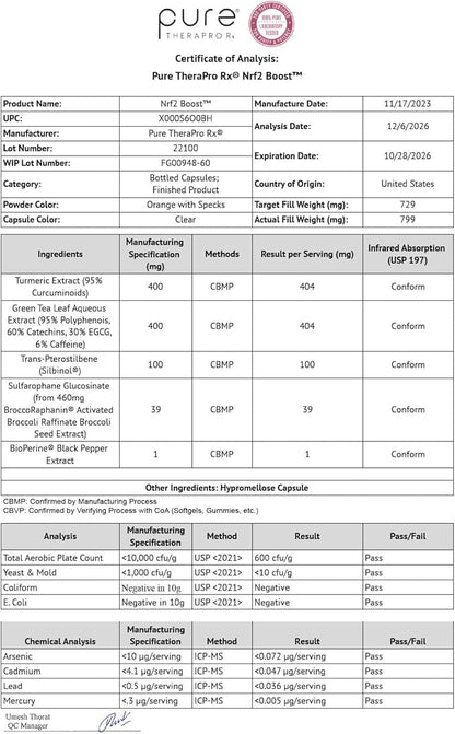 Pure TheraPro Rx Nrf2 Boost - NRF-2 Activator with Patented Sulforaphane, Curcumin, Green Tea & Trans-Pterostilbene | Antioxidant Supplement to Reduce Oxidative Stress, Made in USA (60 Vegan Capsules)