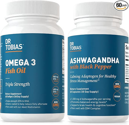 Dr. Tobias Omega 3 Fish Oil and Ashwagandha Capsules, Support Overall Wellness & Balanced Energy & Resilience, Non-GMO