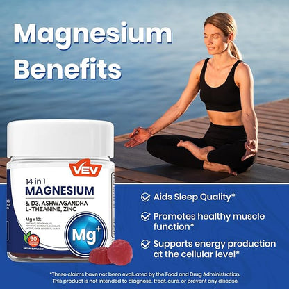 VEV Magnesium Glycinate & Citrate Gummies – Ashwagandha Gummies with D3 & Zinc – Cortisol Supplements for Women – Sugar-Free Vegan Magnesium Complex Gummies – 90 Count