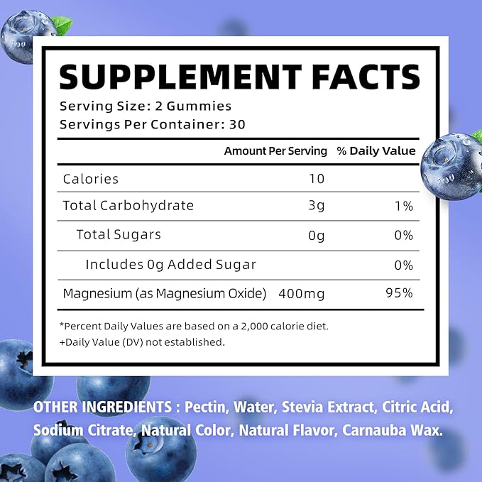 Magnesium Oxide Gummies 400mg, Sugar Free Magnesium Oxide Supplement for Adults & Kids, Muscle Support & Energy Boost, Non GMO, Blueberry Flavor 60 Count