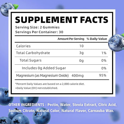 Magnesium Oxide Gummies 400mg, Sugar Free Magnesium Oxide Supplement for Adults & Kids, Muscle Support & Energy Boost, Non GMO, Blueberry Flavor 120 Count