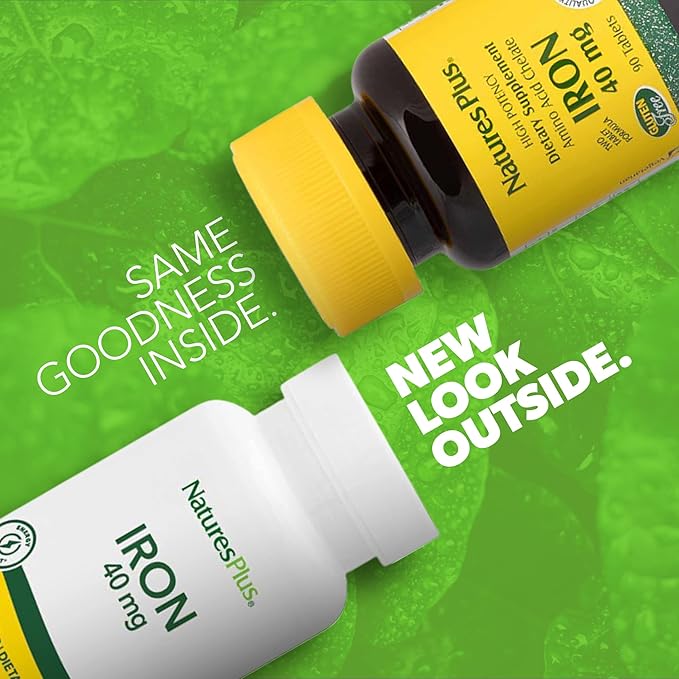 NaturesPlus Iron - 40 mg, 90 Tablets - Vegetarian, Gluten Free - 45 Servings