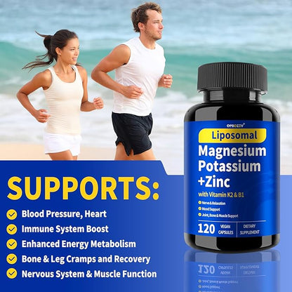 Magnesium Potassium Supplement, 1600mg Liposomal Magnesium Aspartate, Potassium Chloride, with Zinc, K2, Vitamin B1 for High Blood Pressure, Support Vascular, Bone & Leg Cramps, 120 Veg Capsules
