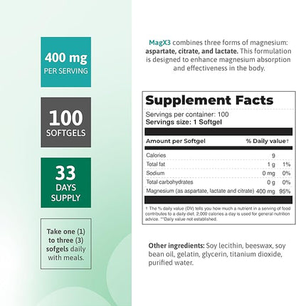 Nutra Mag X3 Triple Magnesium Complex –Super Calm Stress Relief & Cortisol Reducer, Magnesium Aspartate, Citrate & Lactate Formula for Nerve Health & Wellness Best Magnesium Supplement for Women & Men