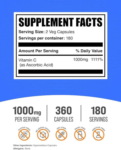 BulkSupplements.com Ascorbic Acid Capsules - Ascorbic Acid Vitamin C 1000mg, Vitamin C Supplement - Vegan & Gluten Free, 2 Capsules per Serving, 360 Count (Pack of 1)
