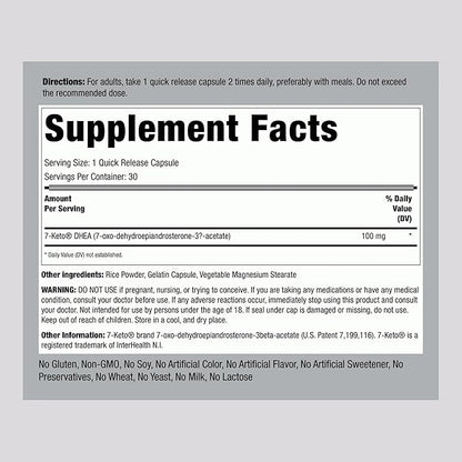 Piping Rock DHEA Supplement for Women and Men | 100mg | 30 Capsules | 7-Keto | Dehydroepiandrosterone | Non-GMO, Gluten Free