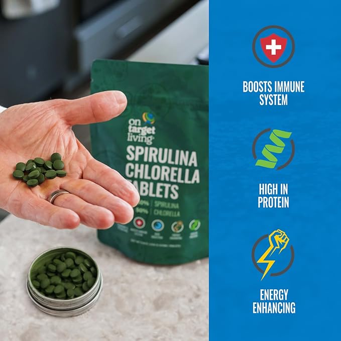 On Target Living Organic Spirulina Chlorella Travel Size | USDA Organic | 250 Tablets- 250 G (2.2 oz) | Vegan | Immune System Boosting | Alkalyzing | Detoxifying | Protein Dense