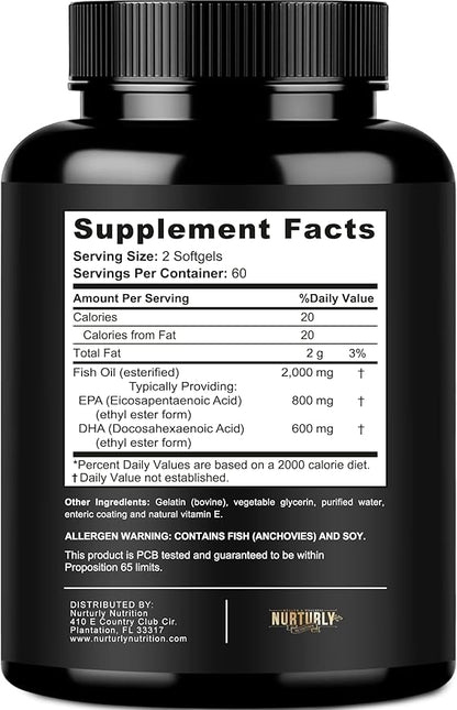Omega 3 Fish Oil 2000mg, 800mg EPA and 600mg DHA - Enteric Coated and Burpless - Supports Brain, and Heart - Burpless, Non-GMO, 3rd Party Lab Tested and NSF Certified - 120 Softgels
