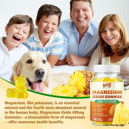 Magnesium Oxide 500mg Gummies for Adults & Kids, Supports Nerve Muscle & Bone Health, Vegan Non-GMO Dietary Supplement with Pineapple Flavor, 60 Gummies