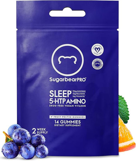Sugarbear Sleep Gummy 14 Day Supply, Extra Strength Melatonin 6mg, for Men & Women, Vegan Vitamin B6, L-Theanine, 5 HTP, Valerian, Sleep Aid for Adults & Teens, Certified Kosher, Halal, Cruelty-Free