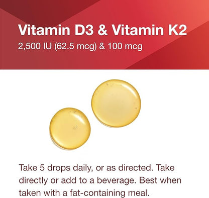 PROTOCOL FOR LIFE BALANCE - Liquid D3 and MK-7-2500IU Vitamin D3 and 100mcg Vitamin K2, Helps Support Bone and Cardiovascular Health - 1 Fl oz