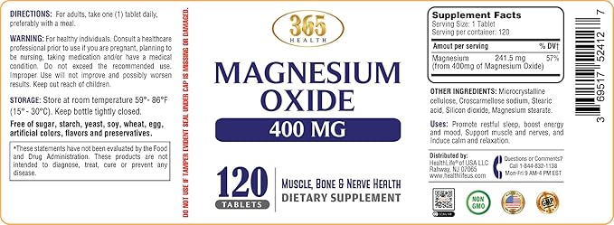 Magnesium 400mg [High Potency] Supplement – Magnesium Oxide for Immune Support, Muscle Recovery, Leg Cramps and Relaxation 120 Tablets-USA Made