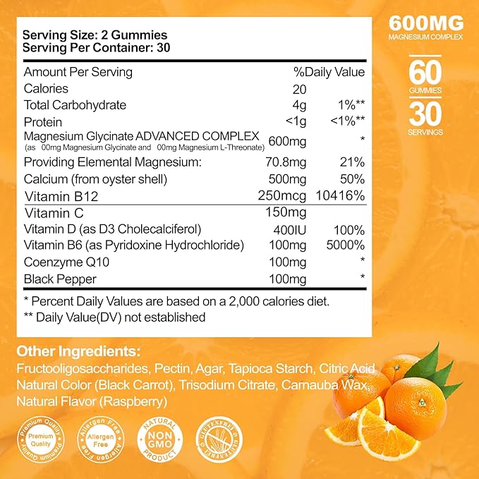 Magnesium Glycinate 500mg Gummies with 100mg Magnesium L-Threonate for Adult Kids,Magnesium Gummies Sugar Free Magnesium Potassium Supplement with Vitamin D,B6,CoQ10 (60 Pack, Orange)