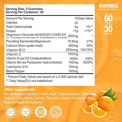 Magnesium Glycinate 500mg Gummies with 100mg Magnesium L-Threonate for Adult Kids,Magnesium Gummies Sugar Free Magnesium Potassium Supplement with Vitamin D,B6,CoQ10 (60 Pack, Orange)