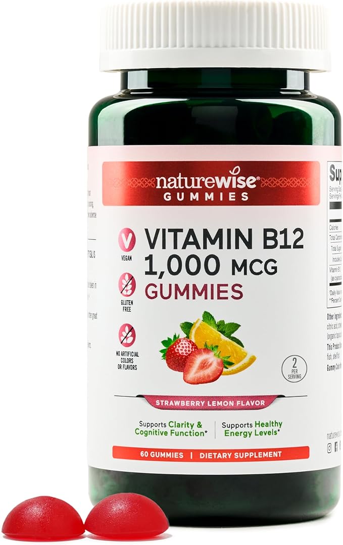 NatureWise Vitamin B12 Gummies for Adults, 1000 mcg - Strawberry Lemon Flavor - Supports Daily Energy, Mental Clarity, Cognitive Function - Vegan, Gluten-Free, Non-GMO - 60 Count[1-Month Supply]