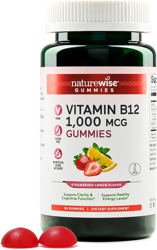 NatureWise Vitamin B12 Gummies for Adults, 1000 mcg - Strawberry Lemon Flavor - Supports Daily Energy, Mental Clarity, Cognitive Function - Vegan, Gluten-Free, Non-GMO - 60 Count[1-Month Supply]