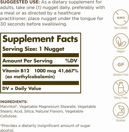 Solgar Methylcobalamin (Vitamin B12) 1000 mcg - 60 Nuggets, Pack of 2 - Supports Energy Metabolism - Non-GMO, Vegan, Gluten Free, Dairy Free, Kosher - 120 Total Servings