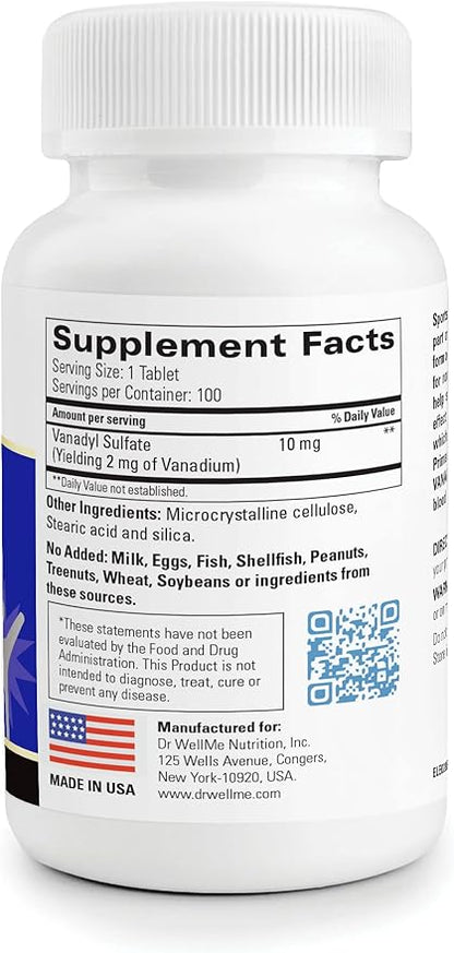 Dr.WellMe Vanadyl Sulfate Supplement 10 mg – 100 Tablets – Maintains Healthy Blood Sugar Level – Non-GMO, Gluten-Free Tablets for Blood Sugar & Glucose Support