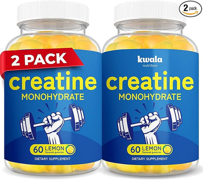 Creatine Monohydrate Gummies for Men & Women - 5g Creatine Per 5 Gummies - 120 Count - Lemon Flavored - Vegan Creatine Chews - 2 Bottles (60 Creatine Gummies Per Bottle)