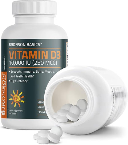 Bronson Vitamin D3 10,000 IU (250 MCG) for Healthy Muscle Function and Immune Support, Non-GMO, 180 Tablets