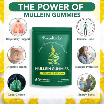 Mullein Gummies for Lung Cleanse, 2000mg Mullein Leaf Extract for Respiratory & Digestive & Immune Support, Natural Mullein Herbal Supplement for Mucus Relief with Chlorophyll (60 Gummies)