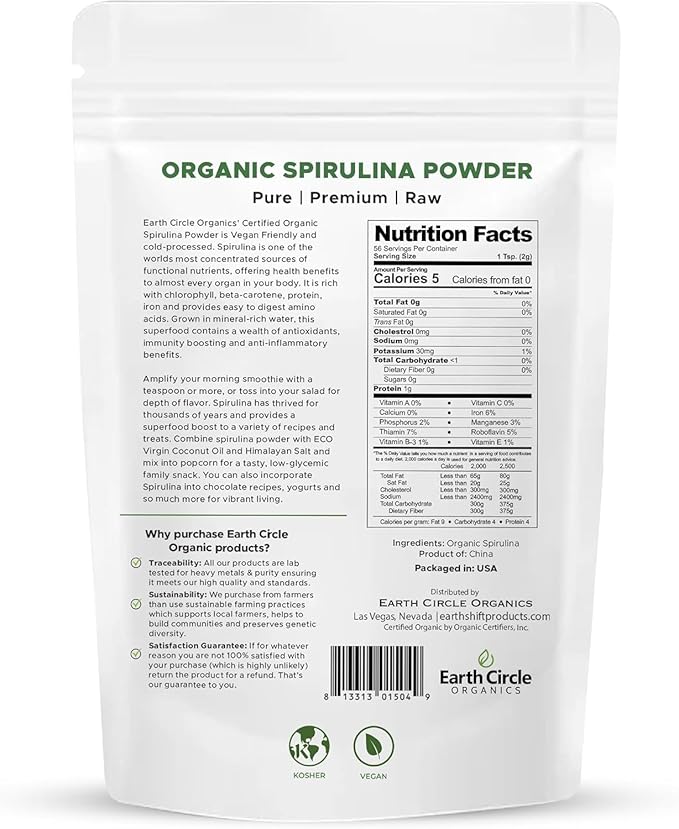 Earth Circle Organics Spirulina Powder, Kosher, Raw and Non-Irradiated | Pure Vegan Protein | Premium Superfood, High in Amino Acids and Antioxidants - 4 Ounce (2 Packs)
