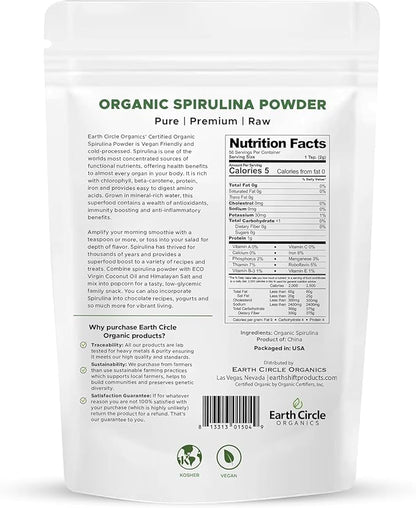 Earth Circle Organics Spirulina Powder, Kosher, Raw and Non-Irradiated | Pure Vegan Protein | Premium Superfood, High in Amino Acids and Antioxidants - 4 Ounce (3 Packs)