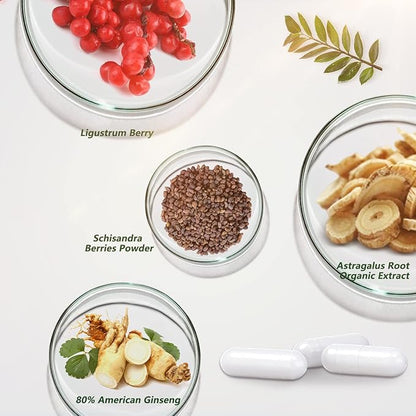 Astragalus Root Organic Extract 650mg, Schisandra Berries, Ligustrum Berry, 80% American Ginseng, Immune System Antioxidants Supports, Healthy Aging, Made in USA