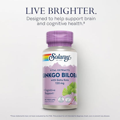 SOLARAY Ginkgo Biloba Extract with Gotu Kola - Ginko Biloba Capsules for Brain Health Support - Vegan, Lab Verified, 60-Day Guarantee - 60 Servings, 60 VegCaps (60 VegCaps)