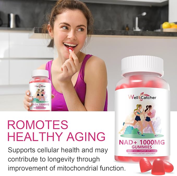 NAD+ Gummies Supplement for Women 1000MG - NAD Plus Gummies for Men Sugar Free Vitamin B3 Niacinamide Pure Organic Boosts NAD Level Anti-Aging Cell Regeneration Energy Brain Peach Flavor 60C