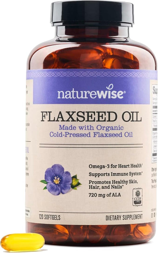 NatureWise Flaxseed Oil 1200 mg, Fish Free Omega 3 6 9 with 720mg ALA, Dietary Supplement for Heart Health Support - Organic, Cold Pressed, Non-GMO - 120 Softgels[4-Month Supply]